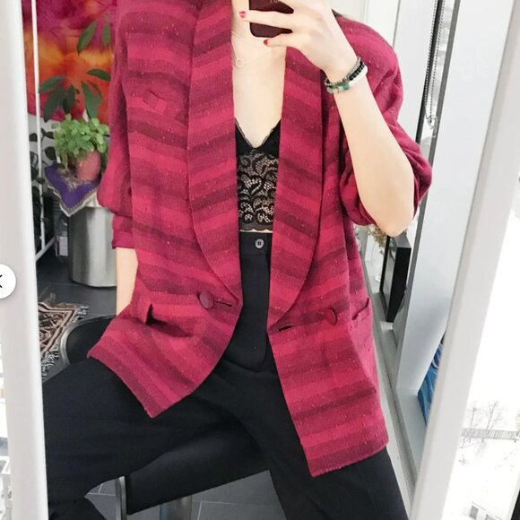 Vintage Striped Wool Blazer: 90s Italian Red Burgundy Jacket - Picture 3 of 8